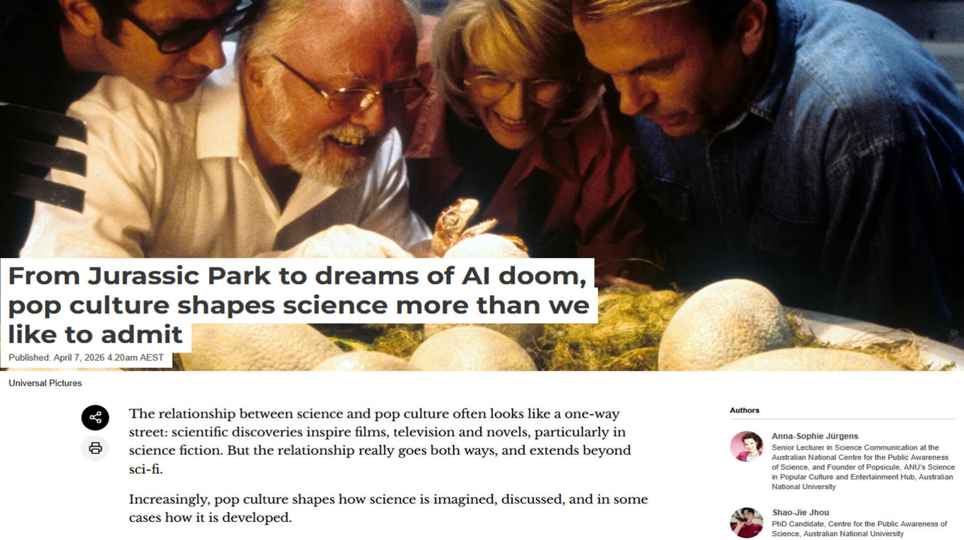 From Jurassic Park to dreams of AI doom, pop culture shapes science more than we like to admit